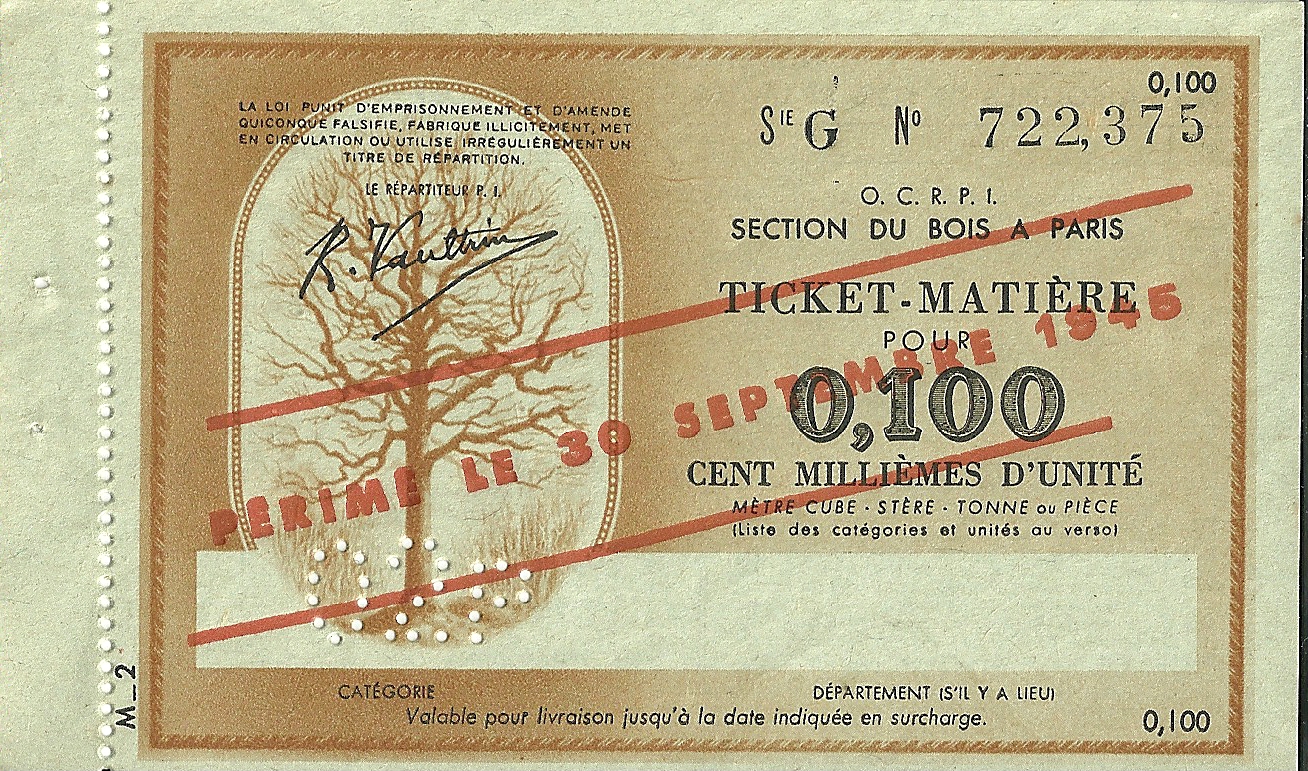 SECTION DU BOIS - TICKET-MATIERE POUR 0,100 CENT MILLIEMES D'UNITE - SERIE G - 722,375