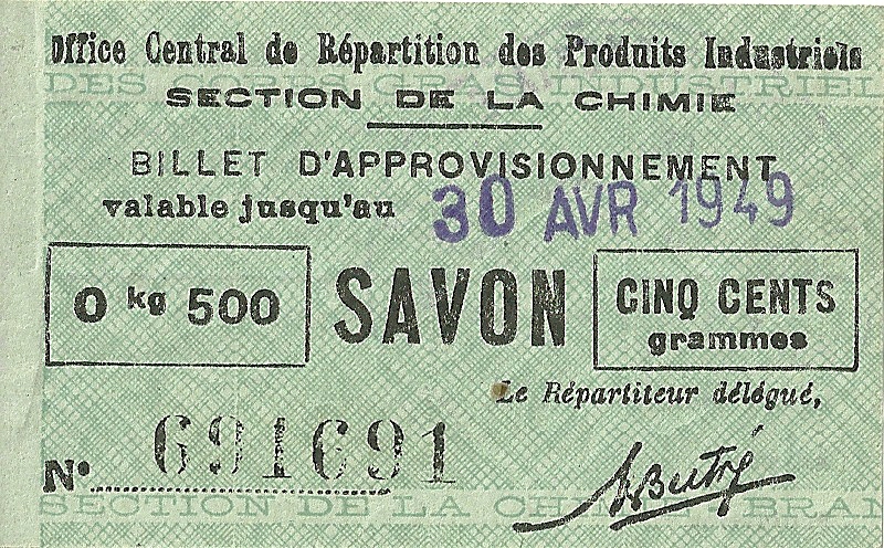 SECTION DE LA CHIMIE - BILLET D'APPROVISIONNEMENT 500 GRAMMES SAVON - 691 691
