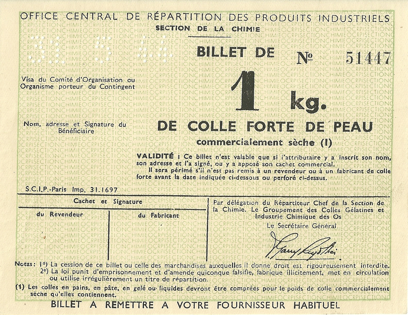 SECTION DE LA CHIMIE - BILLET DE 1 kg DE COLLE FORTE DE PEAU - 51 447