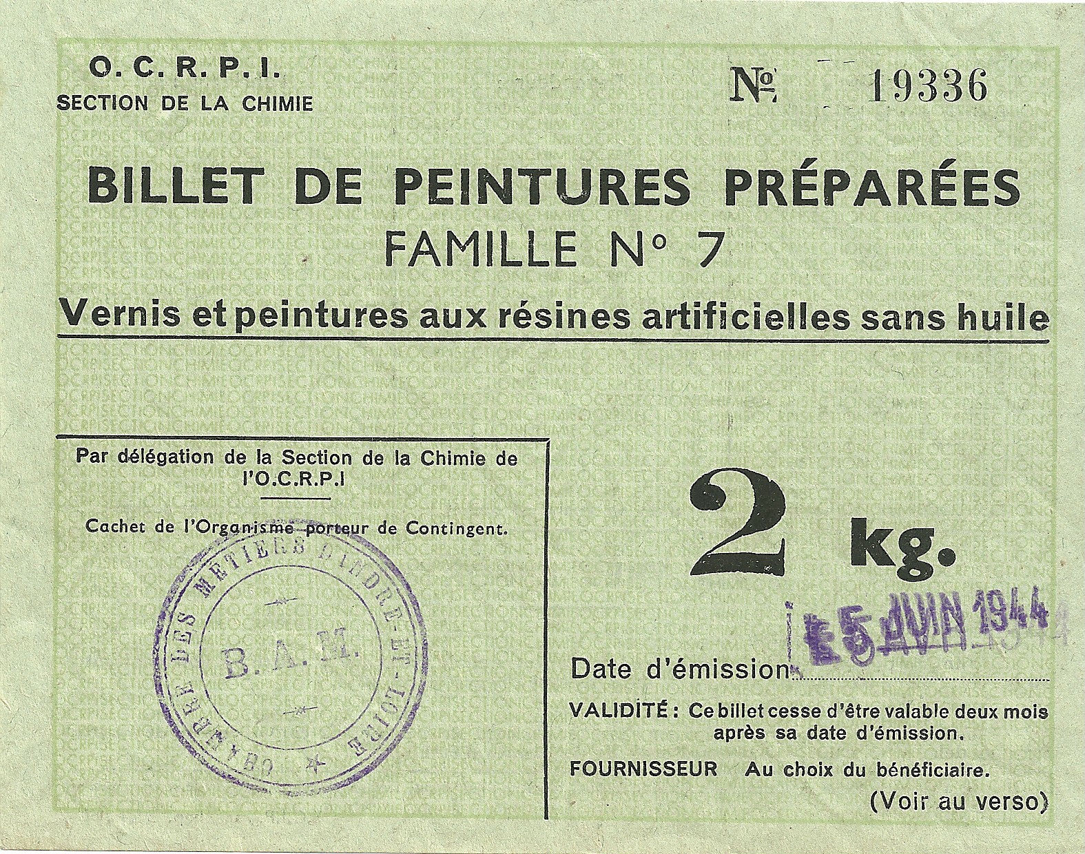 SECTION DE LA CHIMIE - BILLET DE PEINTURE PREPAREES FAMILLE N°7 - Vernis et peintures aux résines artificielles sans huile - 2 kg - 19 336