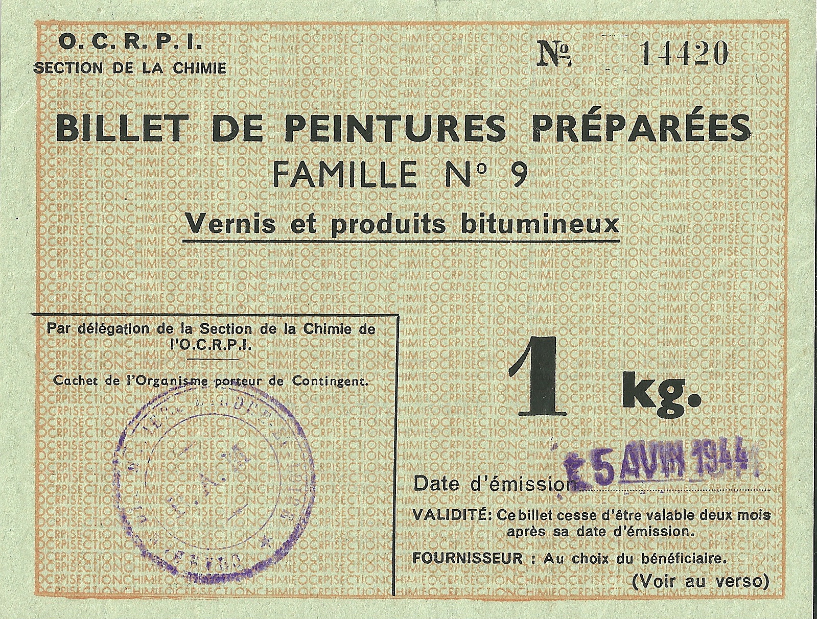 SECTION DE LA CHIMIE - BILLET DE PEINTURE PREPAREES FAMILLE N°9 - Vernis et produits bitumineux - 1 kg - 14 420
