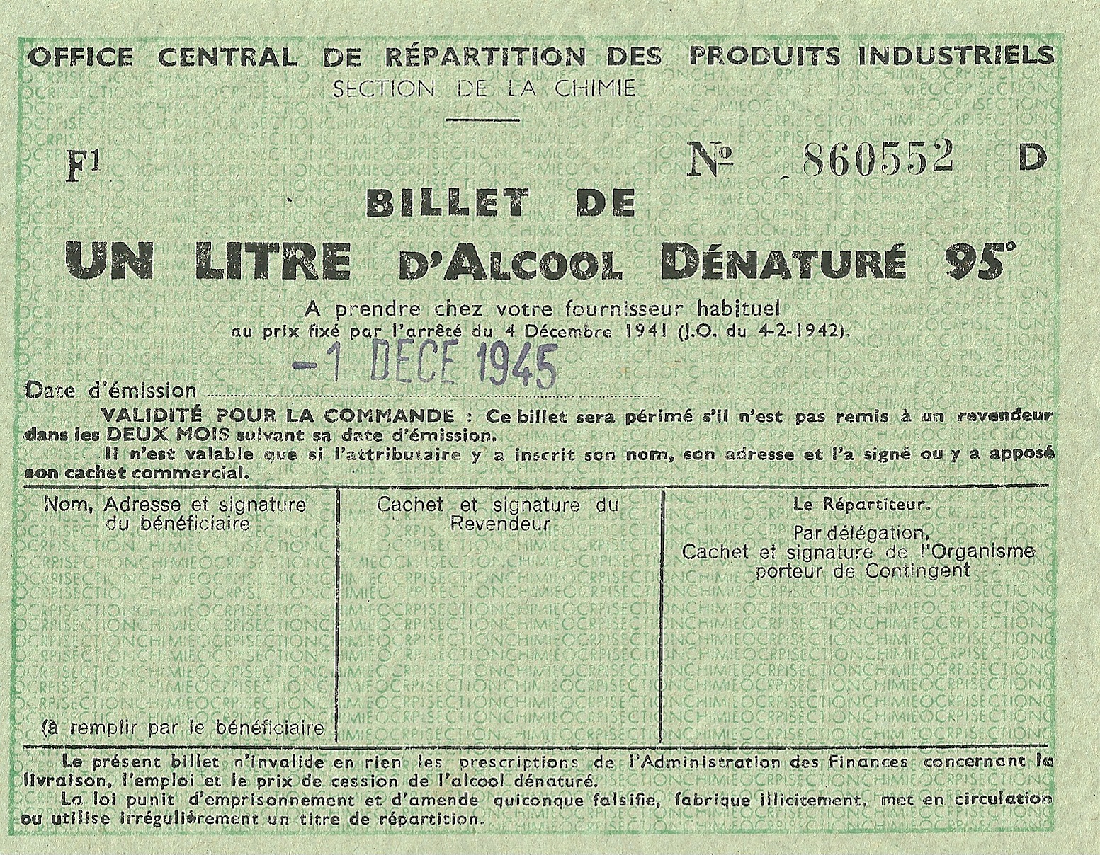 SECTION DE LA CHIMIE - BILLET DE UN LITRE D'ALCOOL DENATURE 95° - 860 552