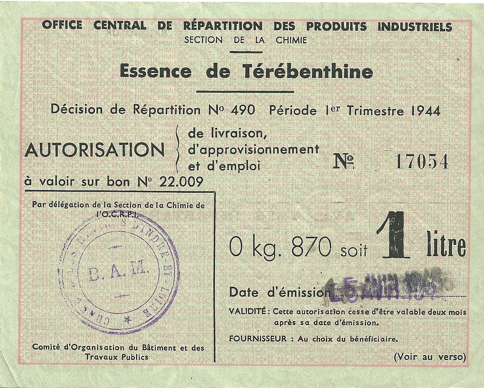 SECTION DE LA CHIMIE - Essence de Térébenthine - 0 kg. 870 soit 1 litre - 17 054
