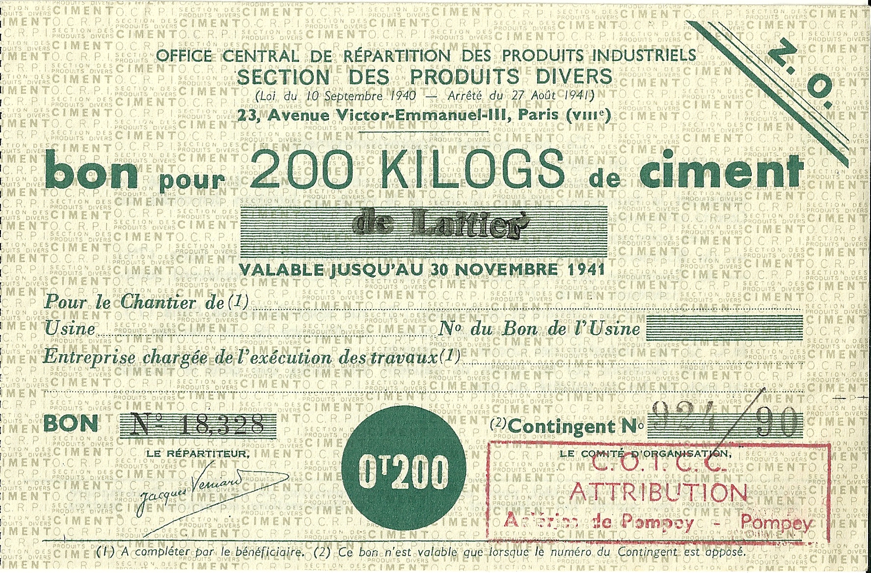 SECTION DES PRODUITS DIVERS - bon pour 200 KILOGS de ciment de Laitier - 18,328