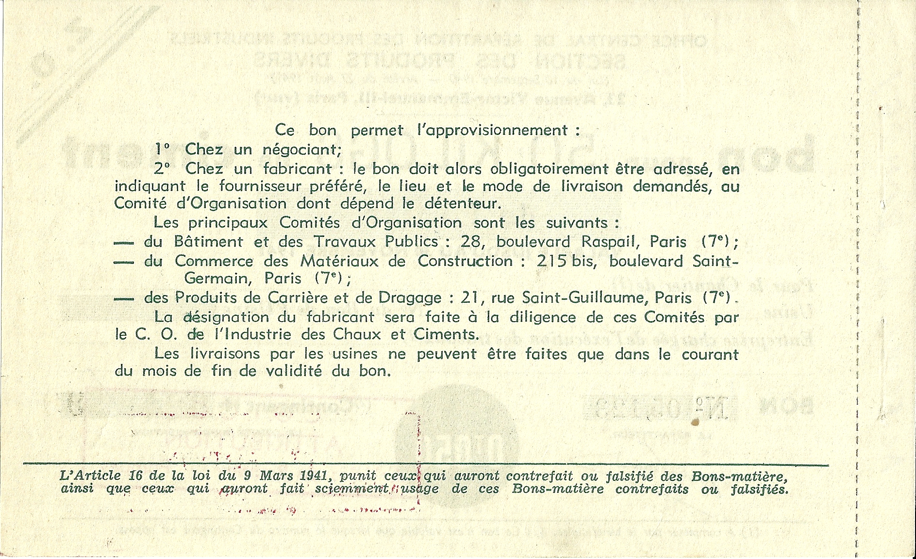 SECTION DES PRODUITS DIVERS - bon pour 50 KILOGS de ciment de Laitier - 05,123 - DOS