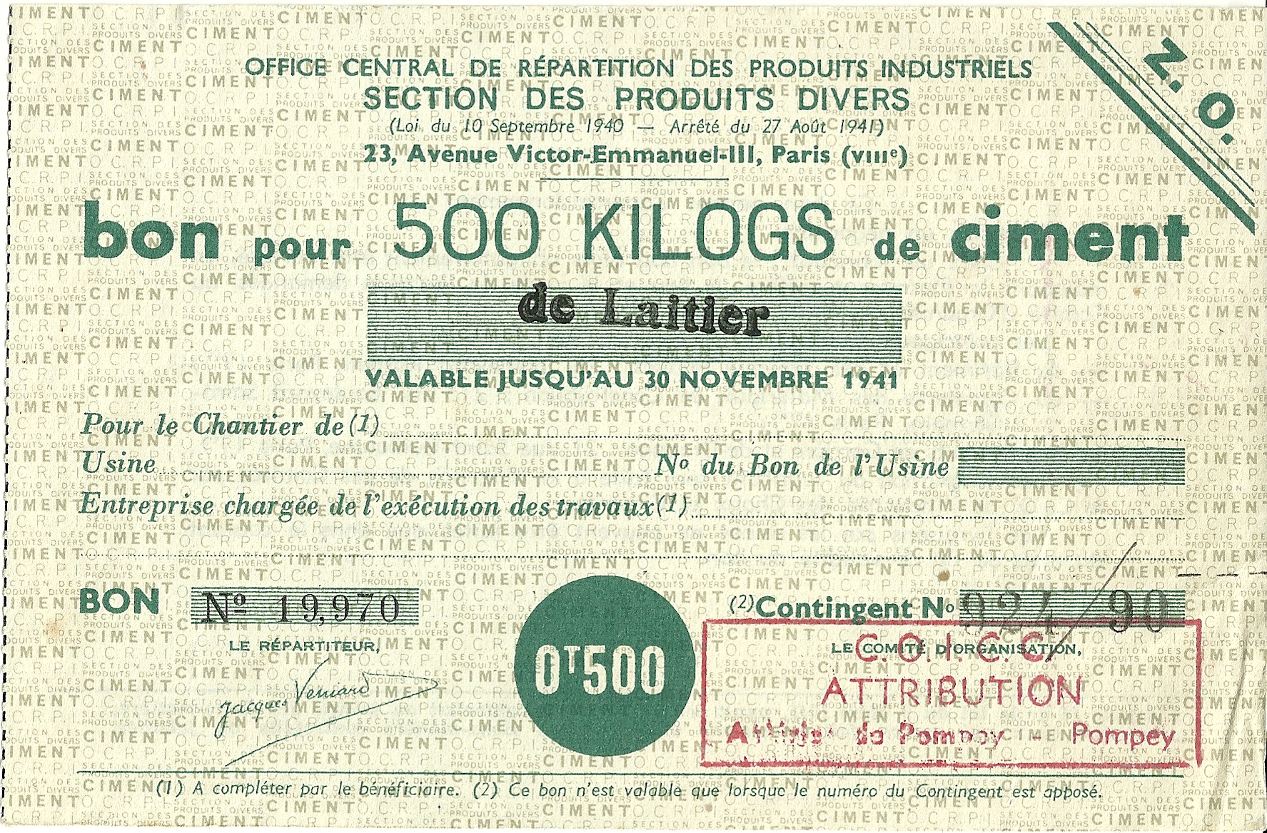 SECTION DES PRODUITS DIVERS - bon pour 500 KILOGS de ciment de Laitier - 19,970