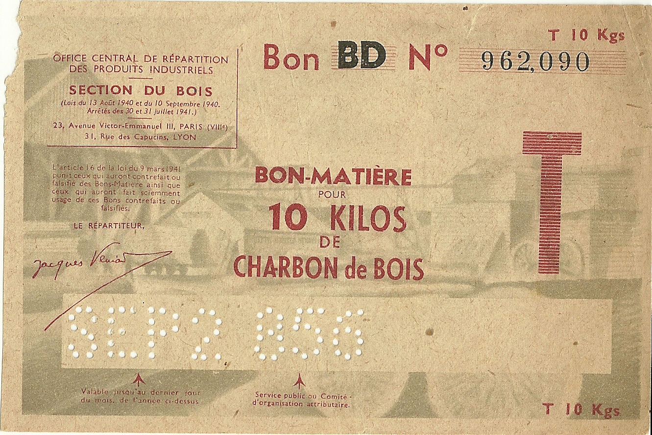 SECTION DU BOIS - BON BD - BON-MATIERE POUR 10 KILOS DE CHARBON de BOIS - 962,090