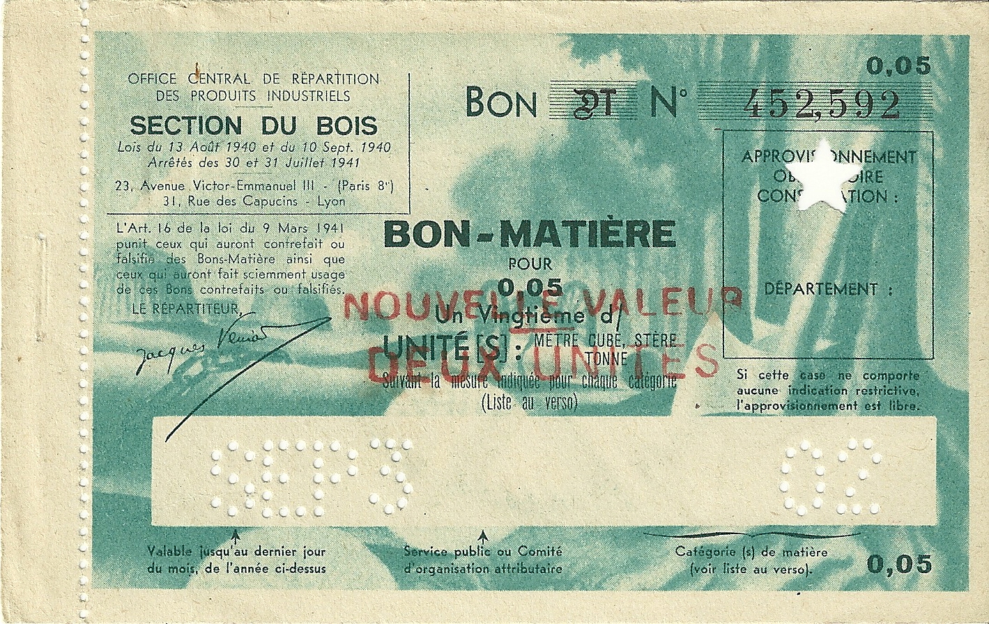 SECTION DU BOIS - BON DT - BON-MATIERE POUR 0.05 Un Vingtième d'UNITE - NOUVELLE VALEUR DEUX UNITES - 452,592