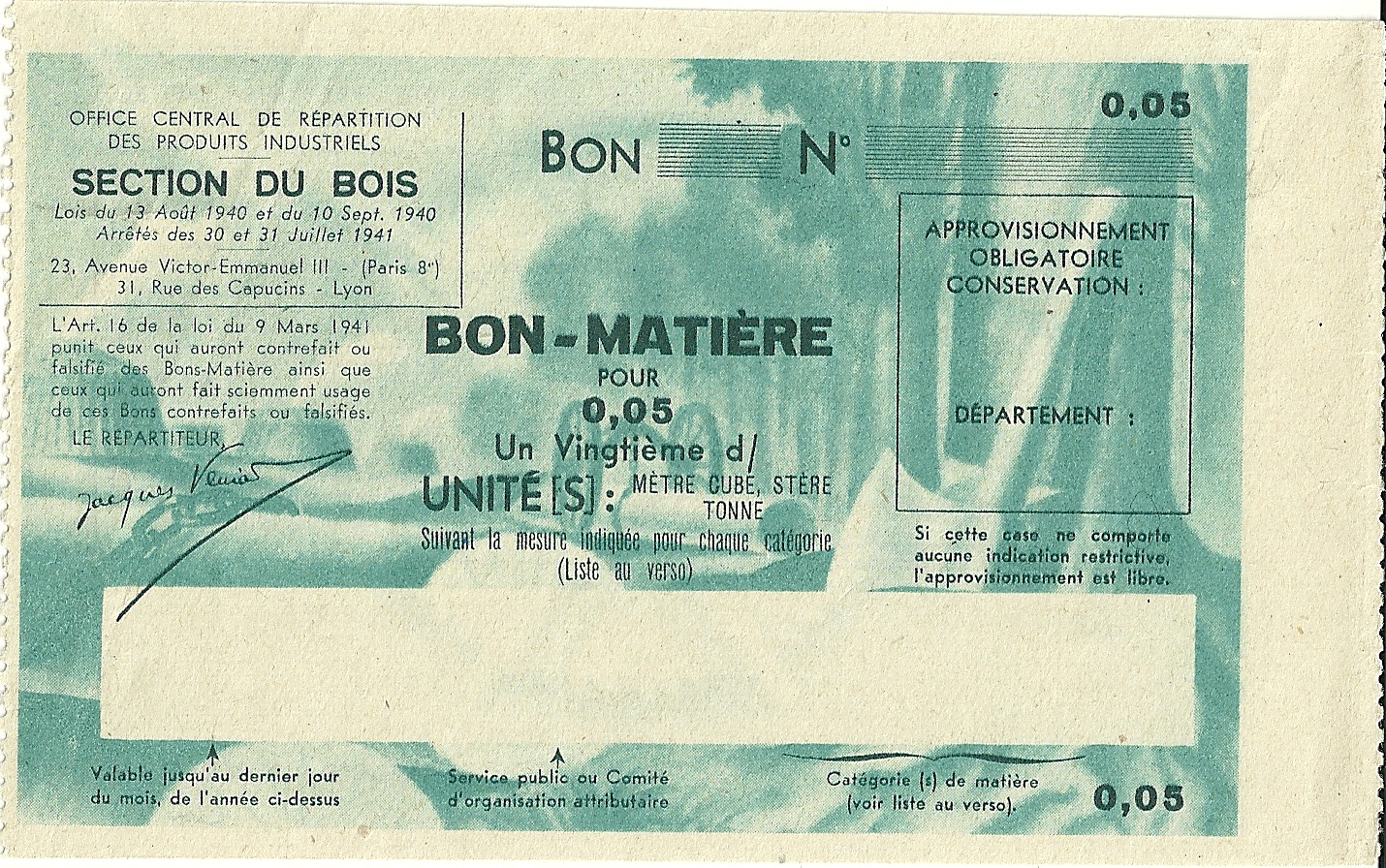 SECTION DU BOIS - BON-MATIERE POUR 0,05 Un Vingtième d'UNITE - S-NMR
