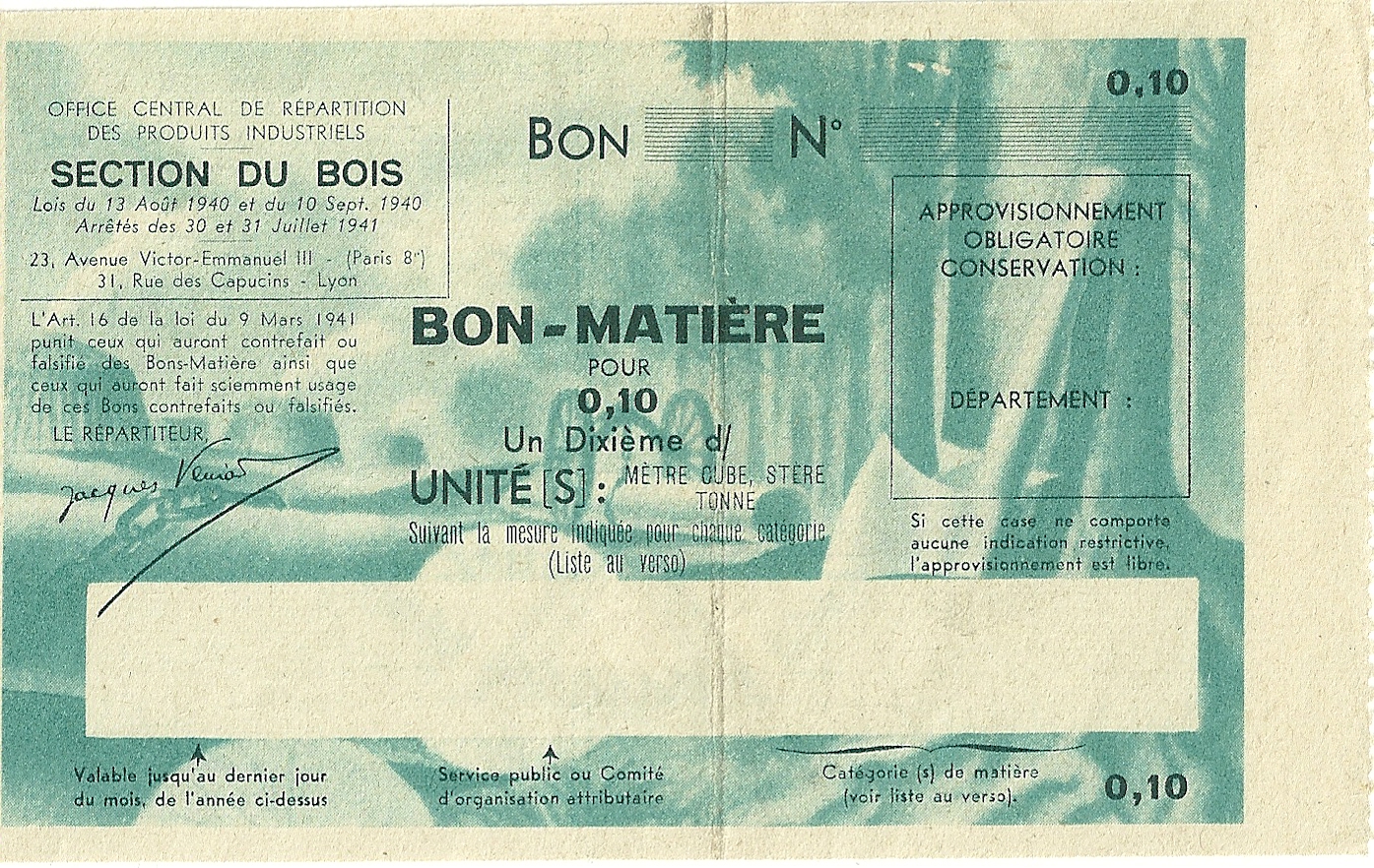 SECTION DU BOIS - BON-MATIERE POUR 0,10 Un Dixième d'UNITE - S-NMR