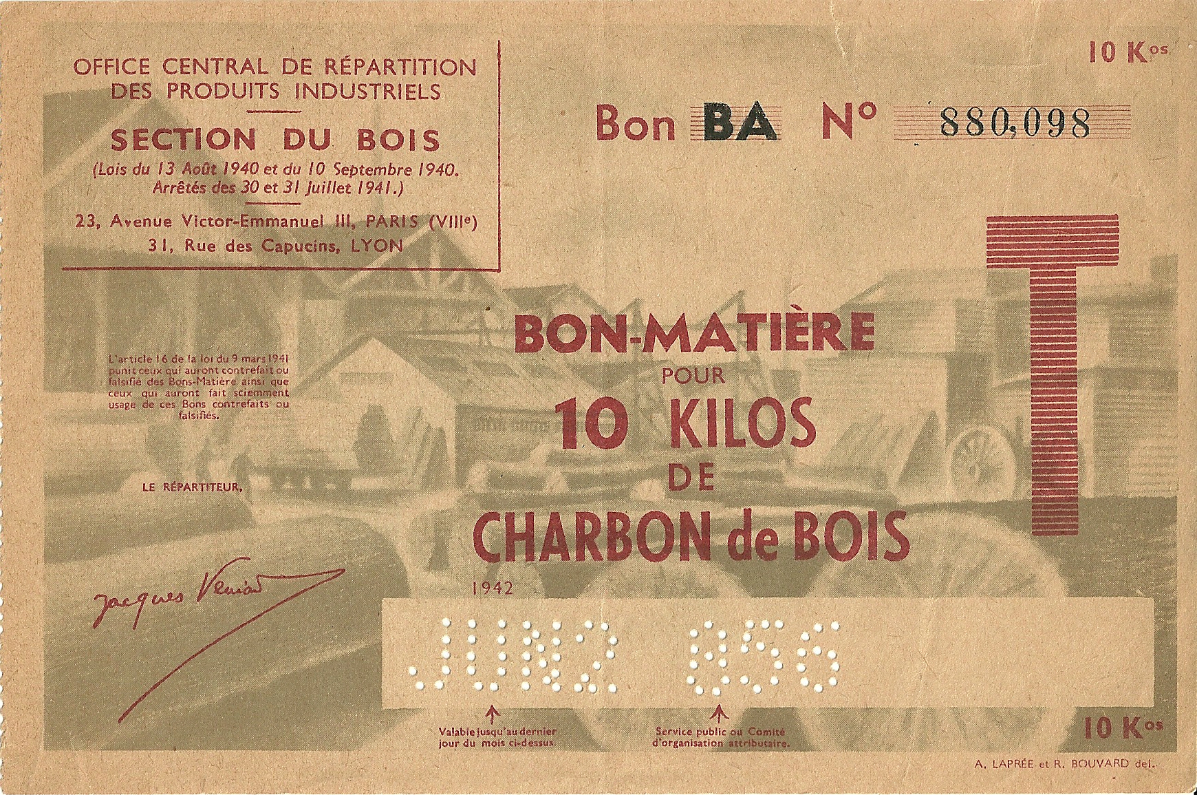 SECTION DU BOIS - Bon BA - BON-MATIERE POUR 10 KILOS de CHARBON de BOIS - 880,098