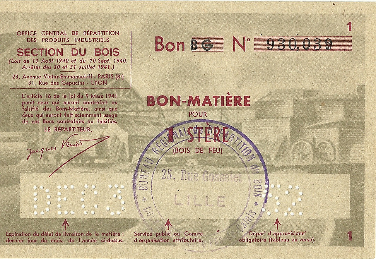 SECTION DU BOIS - Bon BG - BON-MATIERE POUR 1 STERE - 930,039