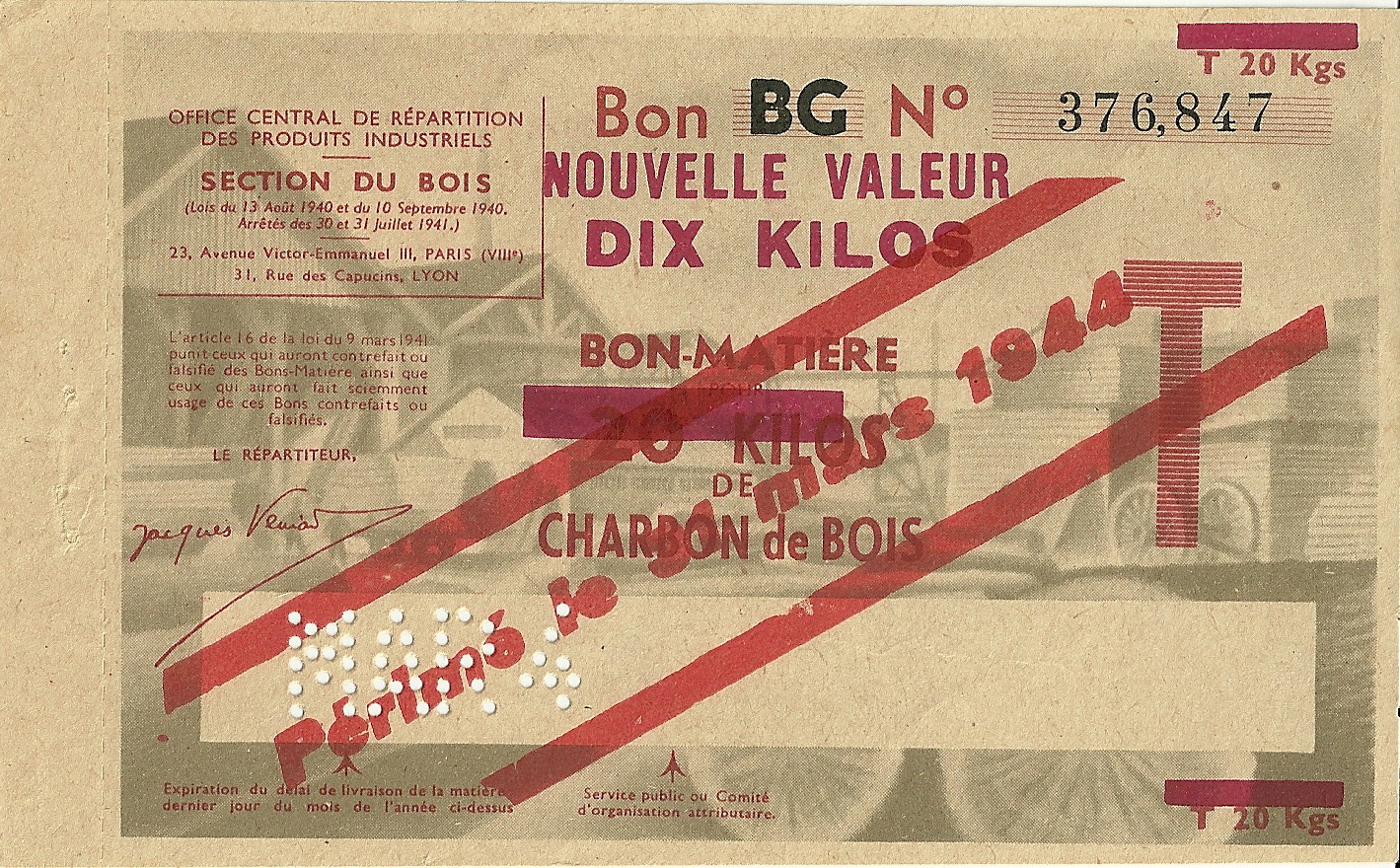 SECTION DU BOIS - Bon BG - BON-MATIERE POUR 20 KILOS DE CHARBON de BOIS - NOUVELLE VALEUR DIX KILOS - 376,847