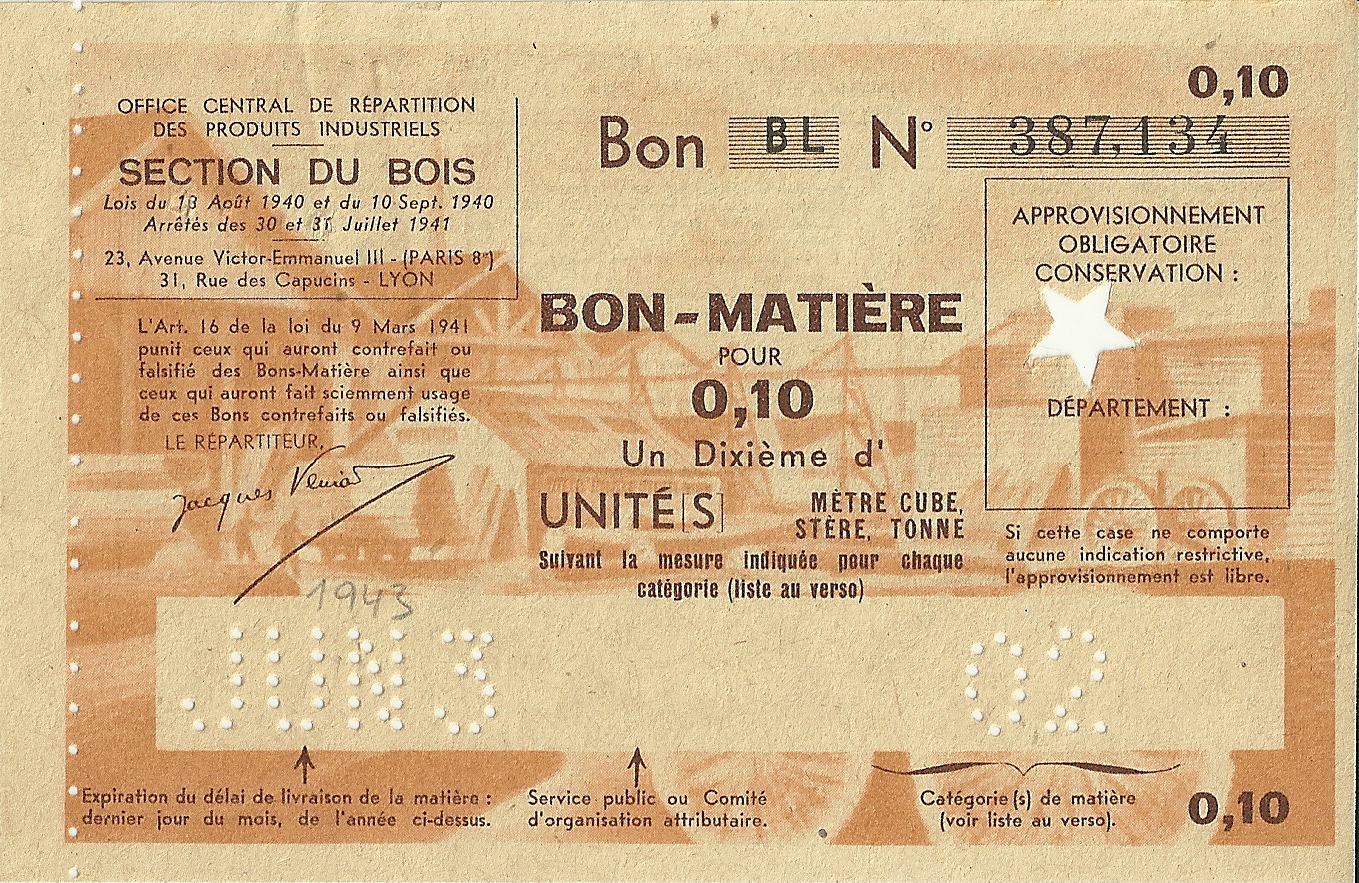 SECTION DU BOIS - Bon BL - BON-MATIERE POUR 0,10 UN Dixième d'UNITES - 387,134
