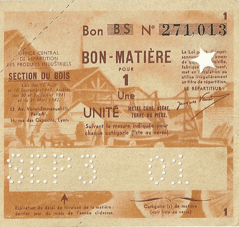 SECTION DU BOIS - Bon BS - BON-MATIERE POUR 1 Une UNITE - 271,013