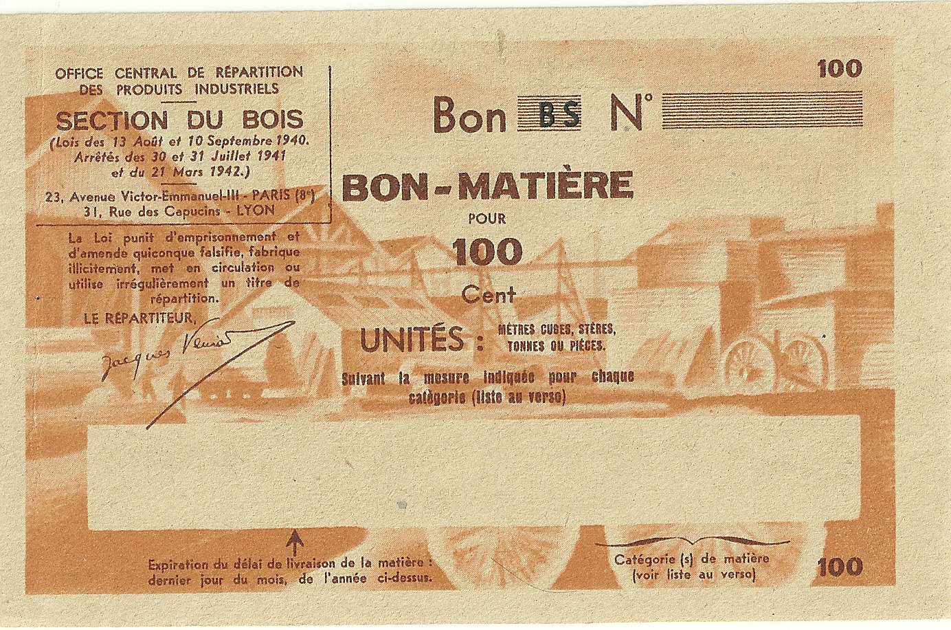 SECTION DU BOIS - Bon BS - BON-MATIERE POUR 100 Cent UNITES - S-NMR