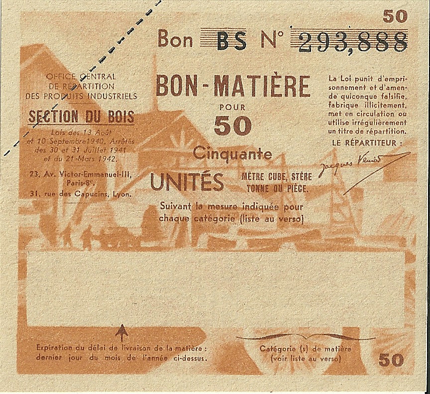 SECTION DU BOIS - Bon BS - BON-MATIERE POUR 50 Cinquante UNITES - 293,888