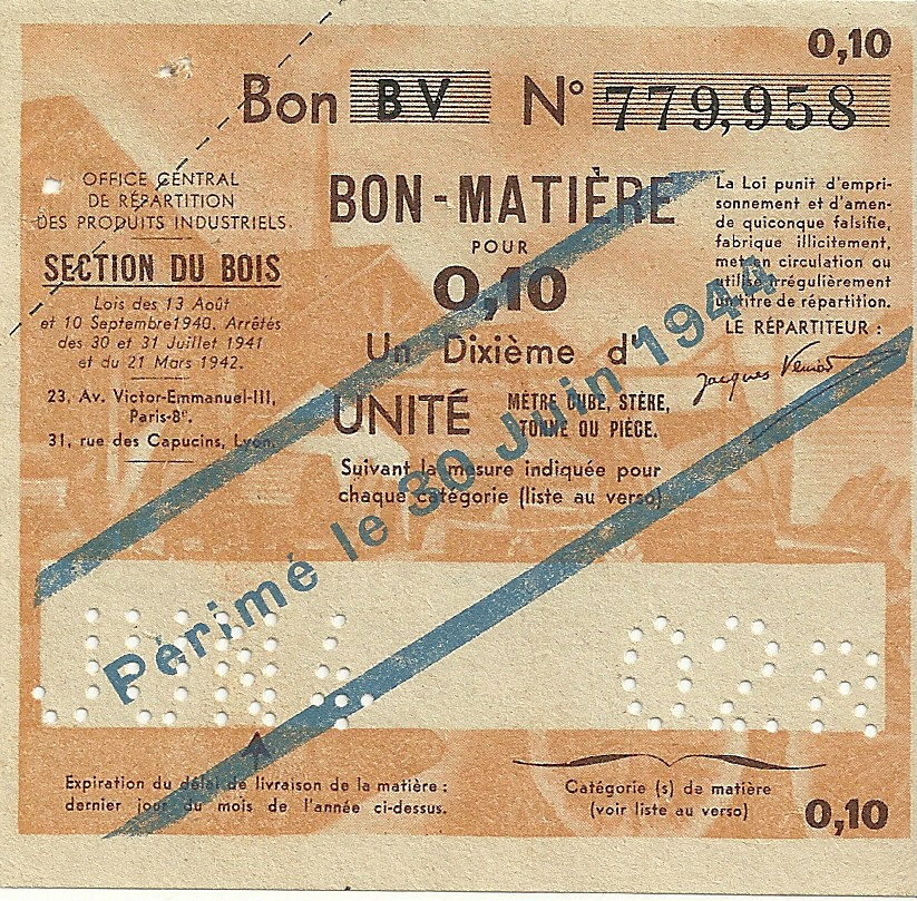 SECTION DU BOIS - Bon BV - BON-MATIERE POUR 0,10 UN Dixième d'UNITE - 02R - 779,958