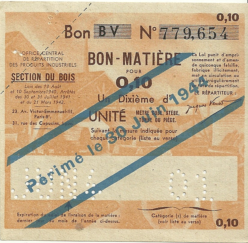 SECTION DU BOIS - Bon BV - BON-MATIERE POUR 0,10 Un Dixième d'UNITE - 01 - 779,654