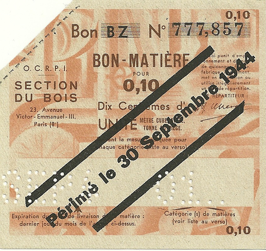 SECTION DU BOIS - Bon BZ - BON-MATIERE POUR 0,10 Dix Centièmes d'UNITE - 01 - 777,857