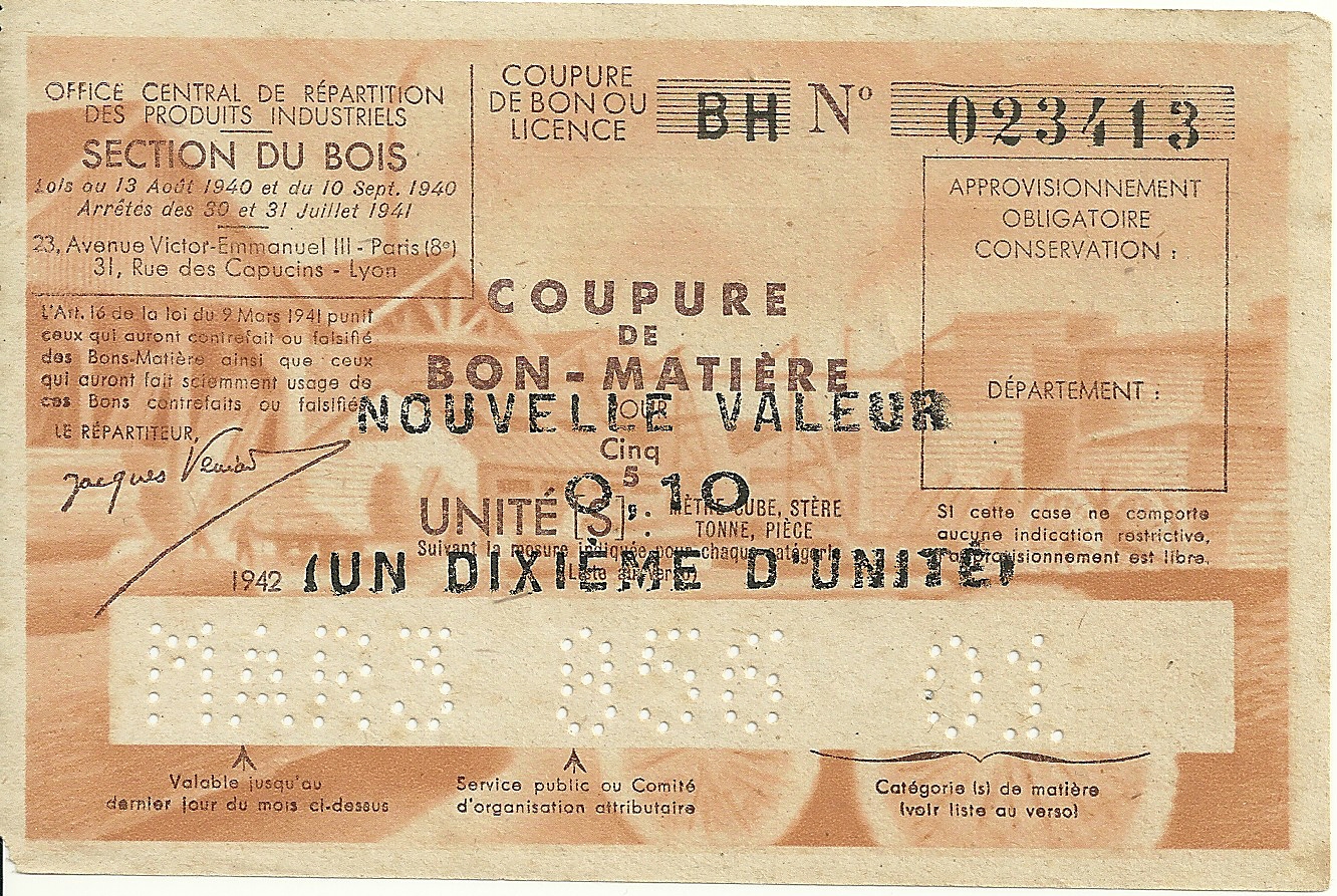 SECTION DU BOIS - COUPURE BH - COUPURE DE BON-MATIERE POUR 5 Cinq UNITES - NOUVELLE VALEUR 0,10 UN DIXIEME D'UNITE - 023 413
