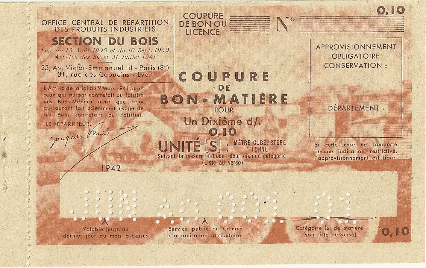SECTION DU BOIS - COUPURE DE BON-MATIERE POUR 0,10 Un Dixième d'UNITE - S-NMR