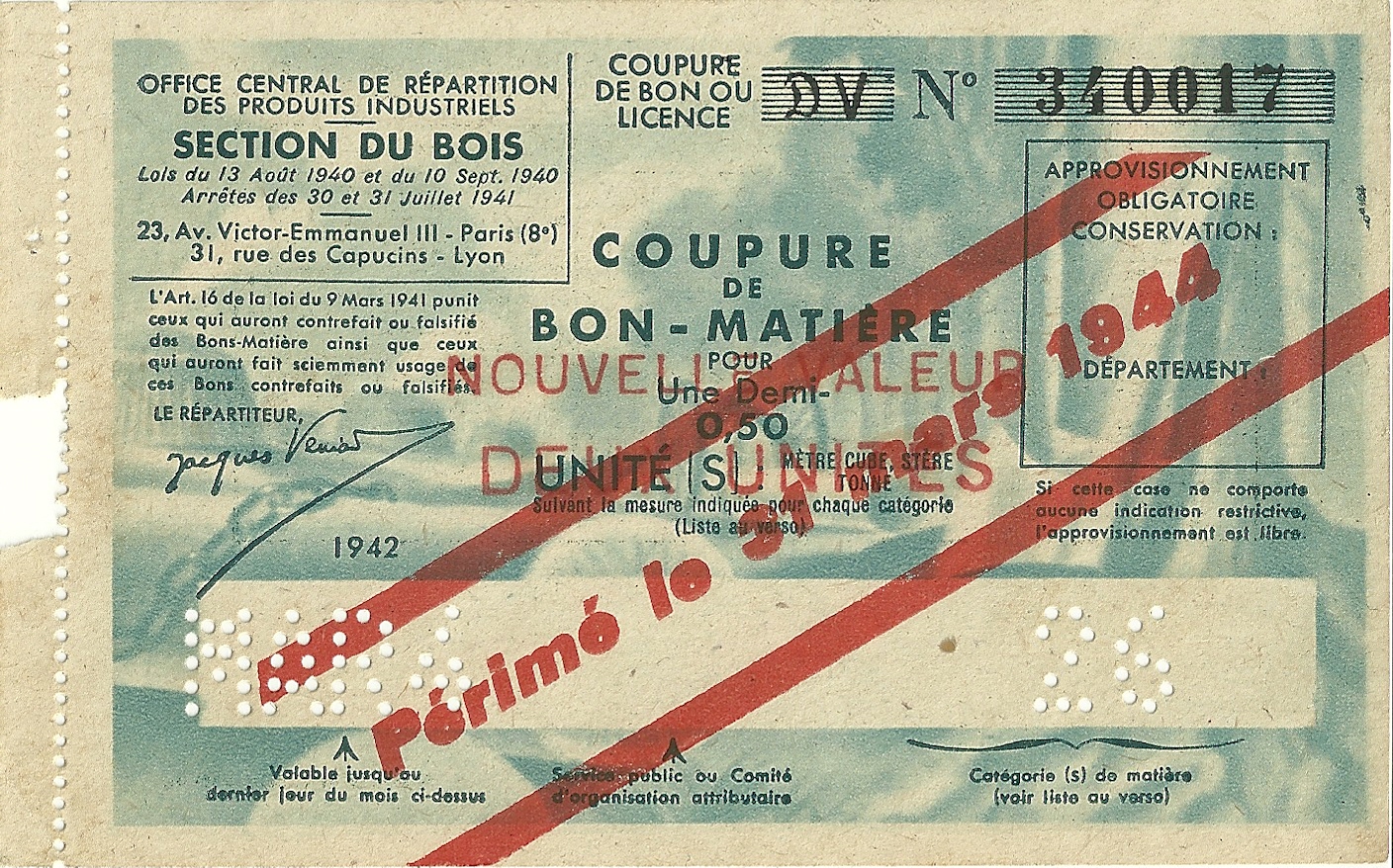 SECTION DU BOIS - COUPURE DV - COUPURE DE BON-MATIERE POUR 0,50 Une Demi UNITE - 340 017