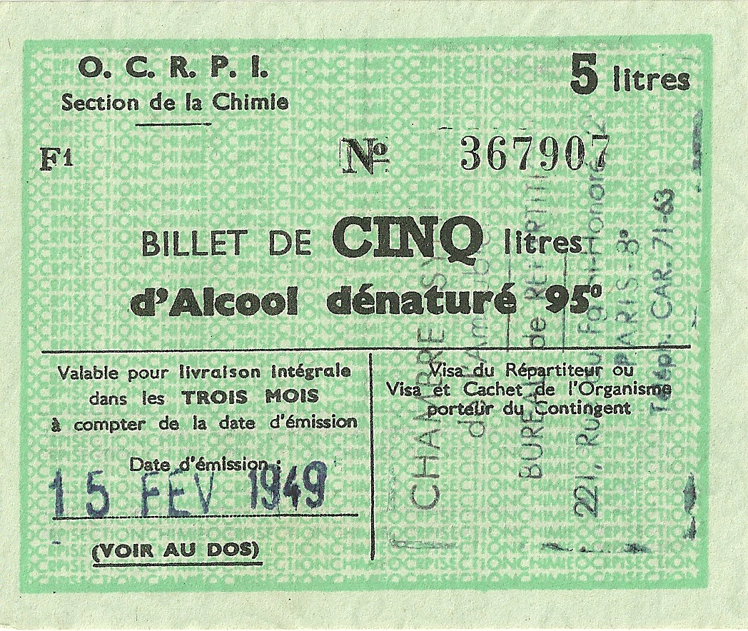 Section de la Chimie - BILLET DE CINQ litres d'Alcool dénaturé 95 ° - 367 907