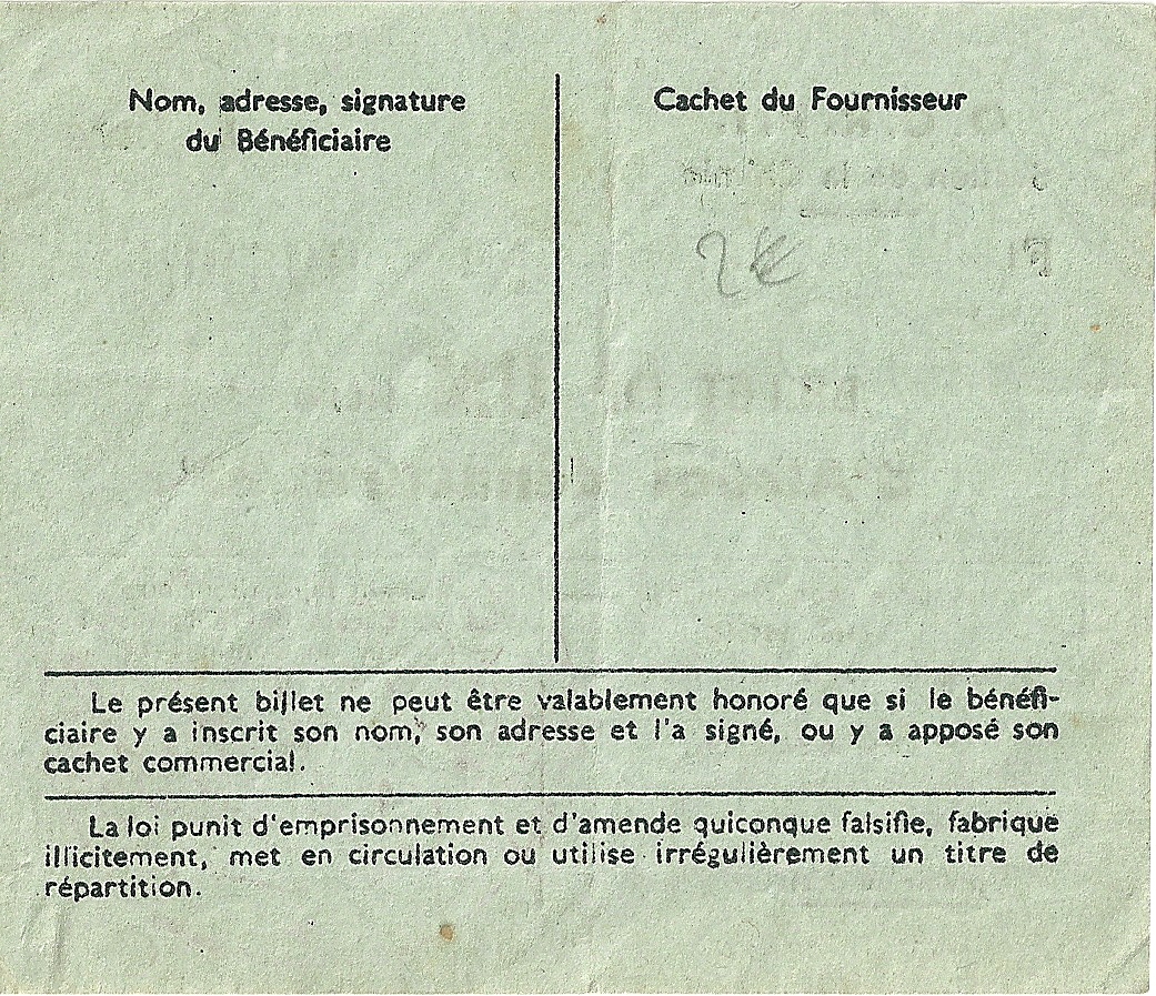Section de la Chimie - BILLET DE UN litre d'Alccol dénaturé 95 ° - 994 965 - DOS